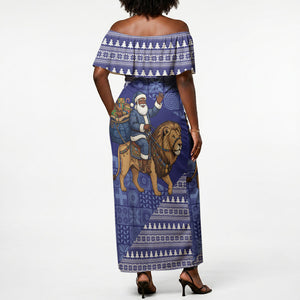 Nigeria Christmas Santa West African Lion Off Shoulder Maxi Dress Adire Indigo Resist Dye Motifs