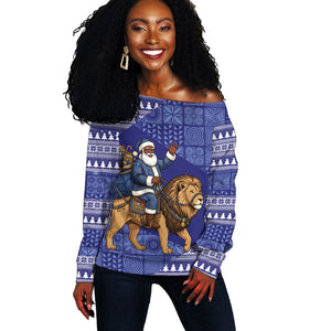 Nigeria Christmas Santa West African Lion Off Shoulder Sweater Adire Indigo Resist Dye Motifs
