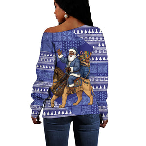 Nigeria Christmas Santa West African Lion Off Shoulder Sweater Adire Indigo Resist Dye Motifs