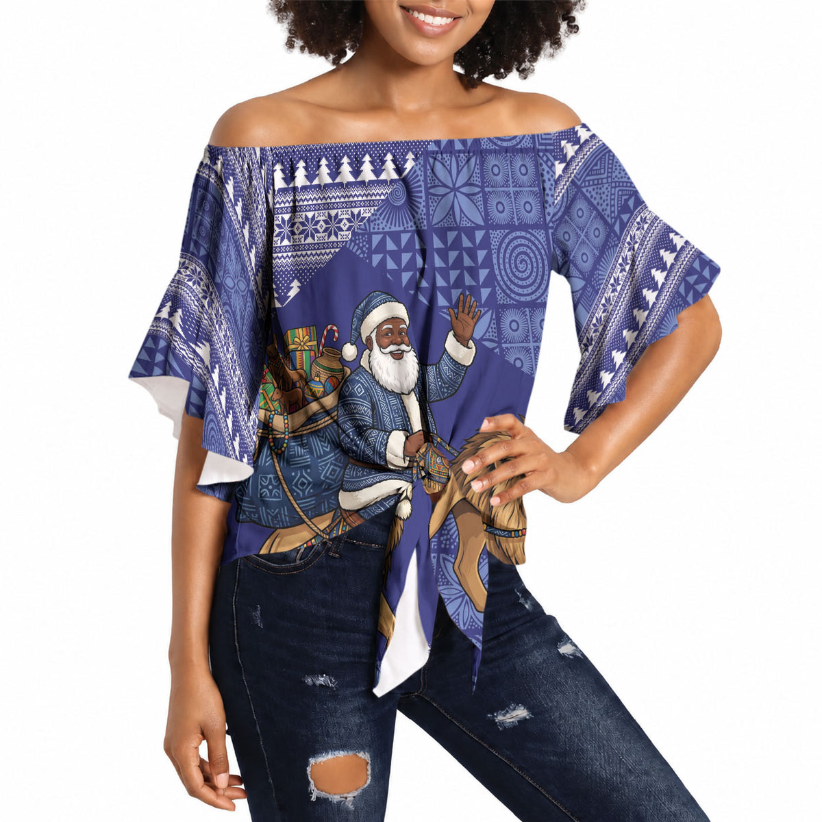 Nigeria Christmas Santa West African Lion Off Shoulder Wrap Waist Top Adire Indigo Resist Dye Motifs