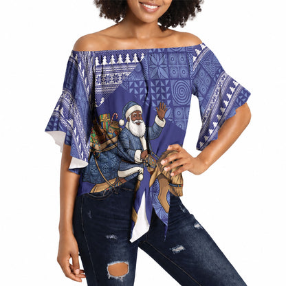Nigeria Christmas Santa West African Lion Off Shoulder Wrap Waist Top Adire Indigo Resist Dye Motifs
