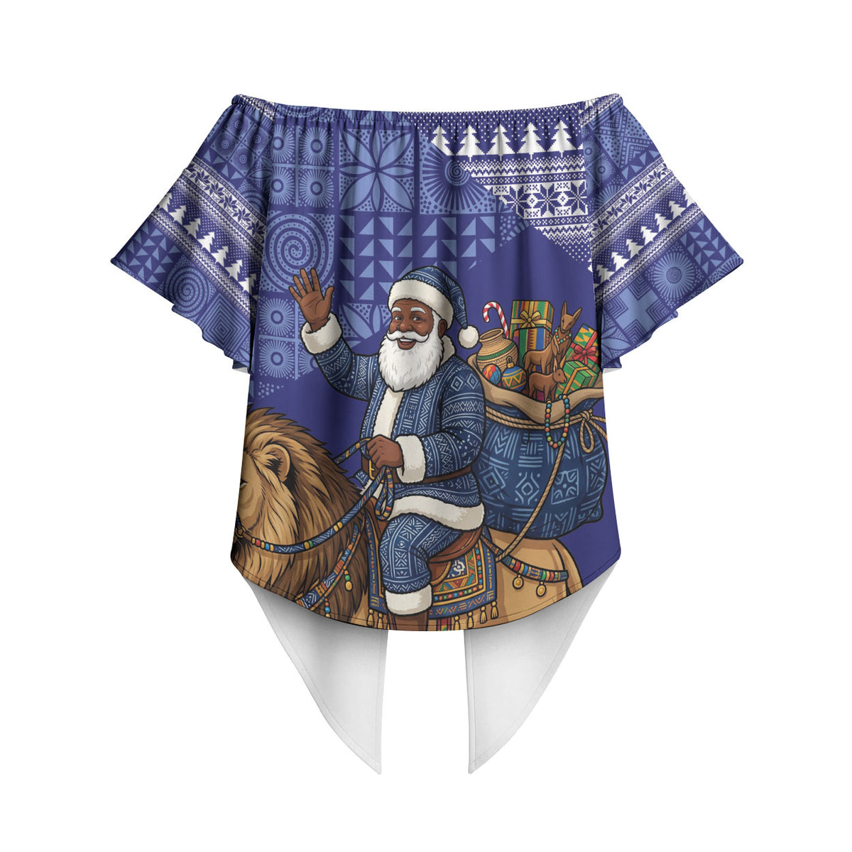 Nigeria Christmas Santa West African Lion Off Shoulder Wrap Waist Top Adire Indigo Resist Dye Motifs