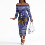 Nigeria Christmas Santa West African Lion Off The Shoulder Long Sleeve Dress Adire Indigo Resist Dye Motifs