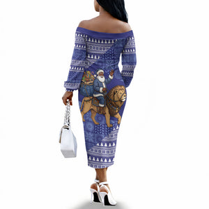 Nigeria Christmas Santa West African Lion Off The Shoulder Long Sleeve Dress Adire Indigo Resist Dye Motifs