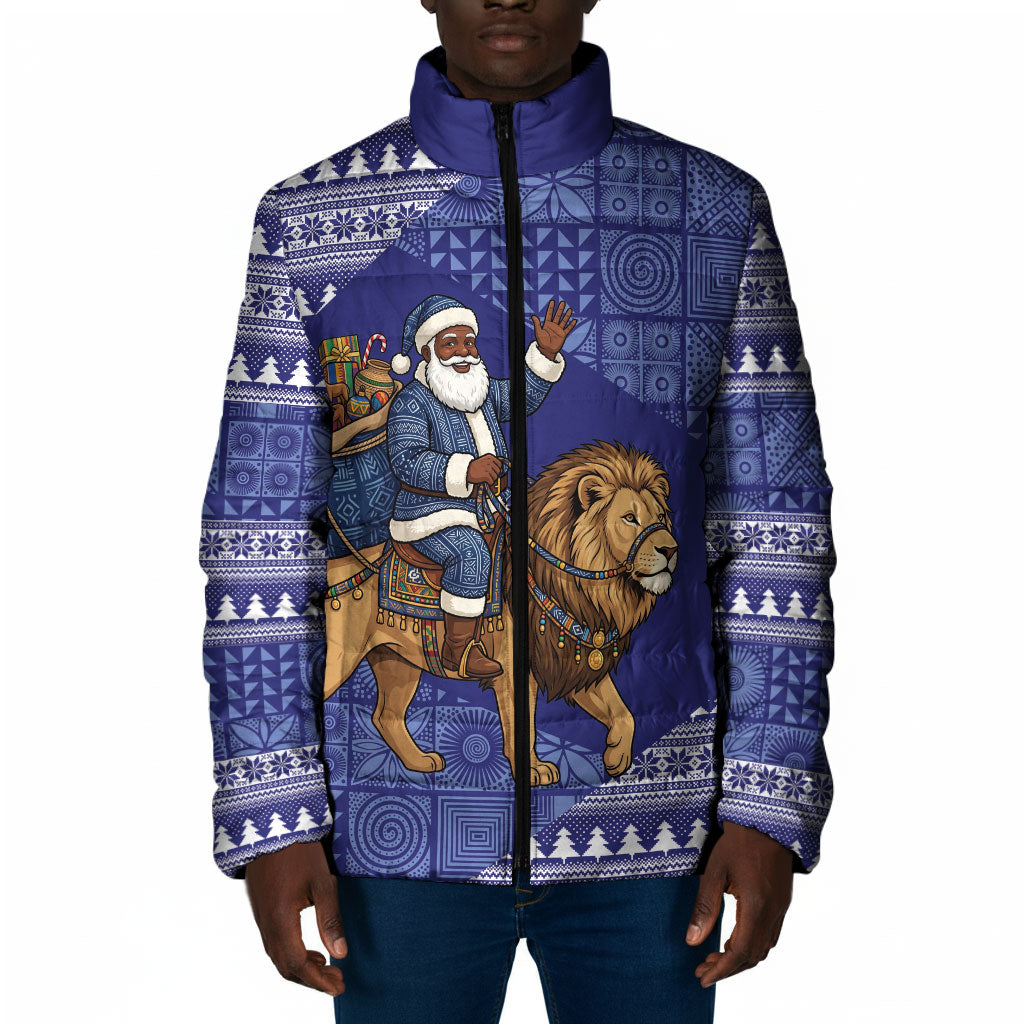 Nigeria Christmas Santa West African Lion Padded Jacket Adire Indigo Resist Dye Motifs