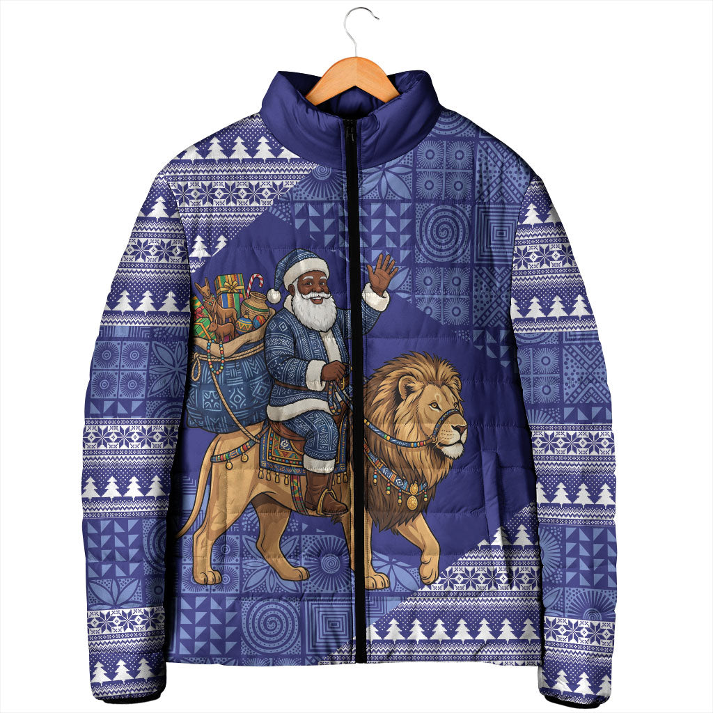 Nigeria Christmas Santa West African Lion Padded Jacket Adire Indigo Resist Dye Motifs