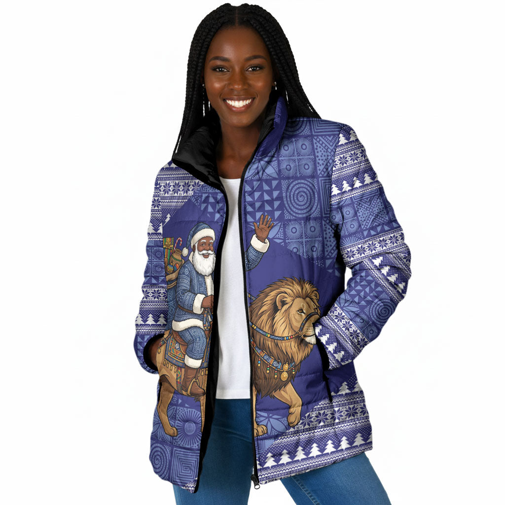 Nigeria Christmas Santa West African Lion Padded Jacket Adire Indigo Resist Dye Motifs