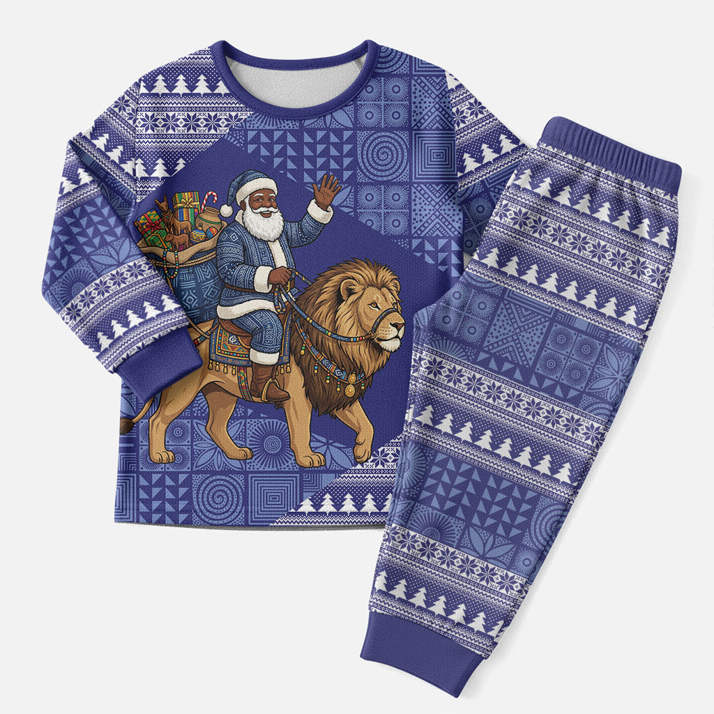 Nigeria Christmas Santa West African Lion Christmas Pajama Set Adire Indigo Resist Dye Motifs