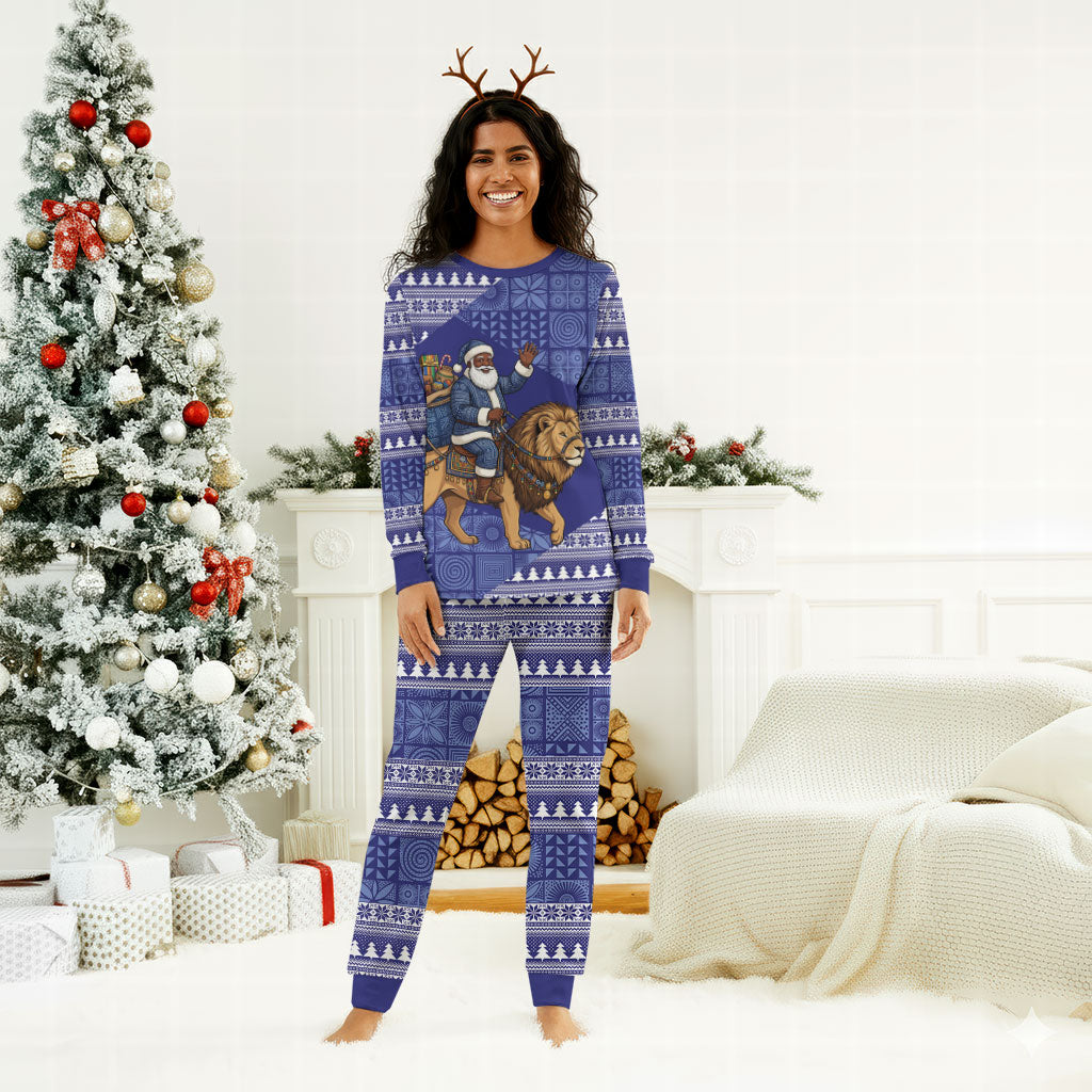 Nigeria Christmas Santa West African Lion Christmas Pajama Set Adire Indigo Resist Dye Motifs