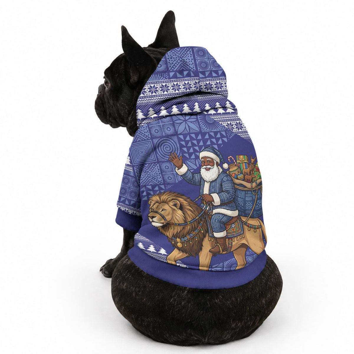 Nigeria Christmas Santa West African Lion Pet Hoodie Adire Indigo Resist Dye Motifs