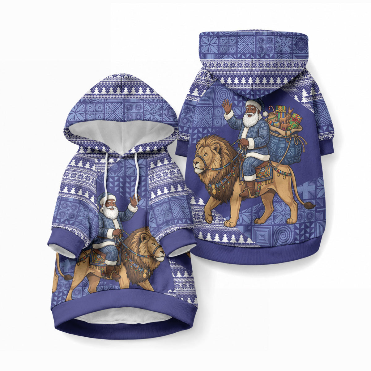 Nigeria Christmas Santa West African Lion Pet Hoodie Adire Indigo Resist Dye Motifs