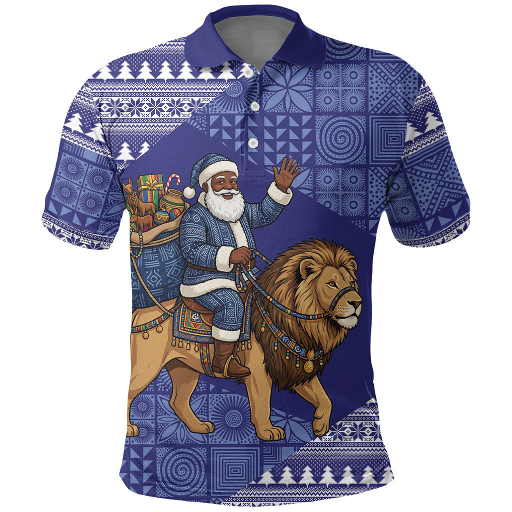 Nigeria Christmas Santa West African Lion Polo Shirt Adire Indigo Resist Dye Motifs