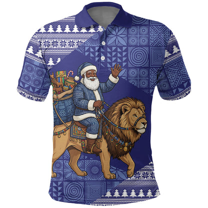Nigeria Christmas Santa West African Lion Polo Shirt Adire Indigo Resist Dye Motifs