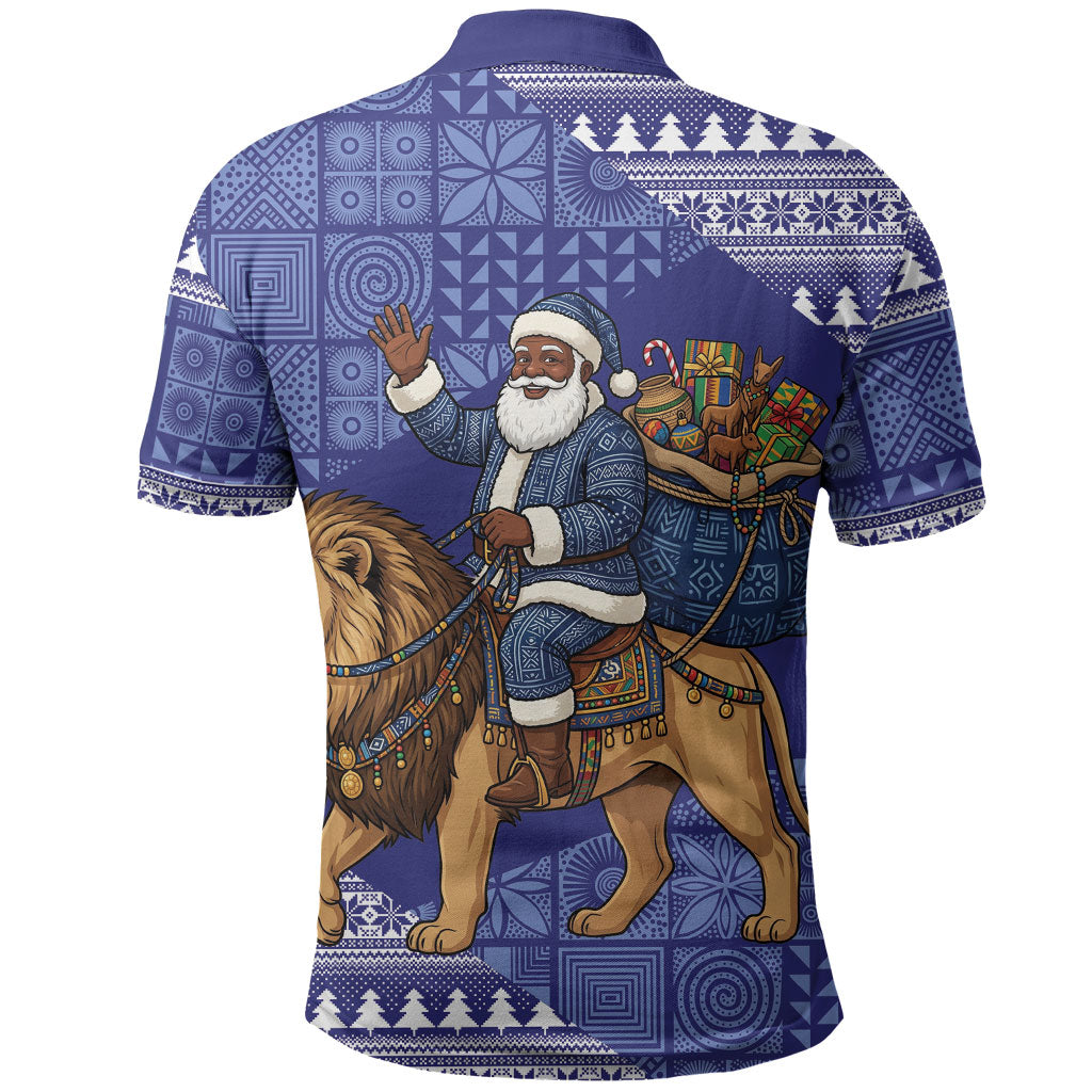 Nigeria Christmas Santa West African Lion Polo Shirt Adire Indigo Resist Dye Motifs