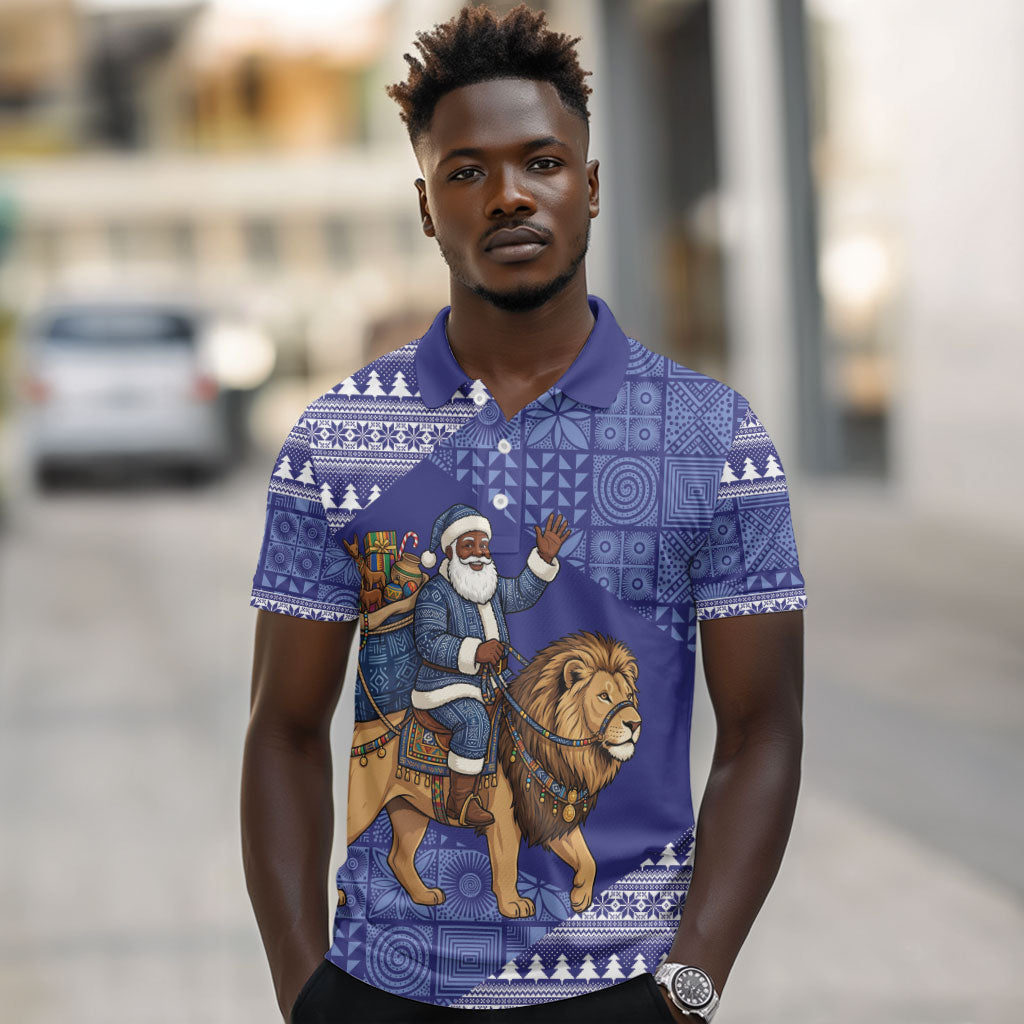 Nigeria Christmas Santa West African Lion Polo Shirt Adire Indigo Resist Dye Motifs