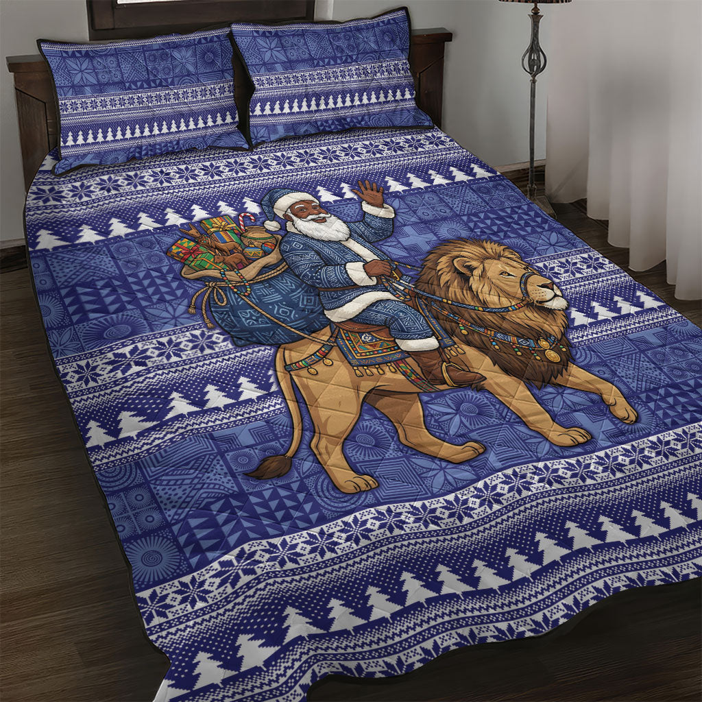 Nigeria Christmas Santa West African Lion Quilt Bed Set Adire Indigo Resist Dye Motifs