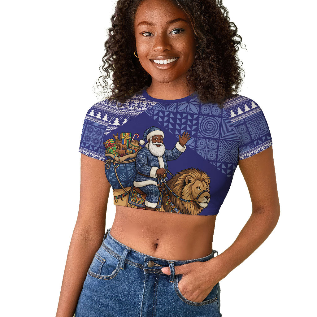 Nigeria Christmas Santa West African Lion Raglan Cropped T shirt Adire Indigo Resist Dye Motifs