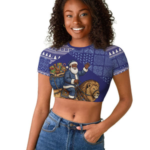 Nigeria Christmas Santa West African Lion Raglan Cropped T shirt Adire Indigo Resist Dye Motifs