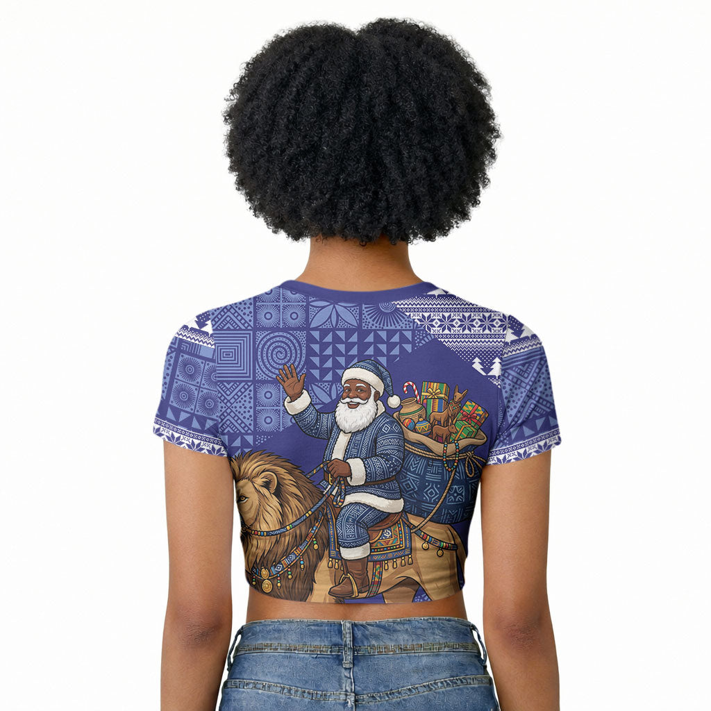 Nigeria Christmas Santa West African Lion Raglan Cropped T shirt Adire Indigo Resist Dye Motifs