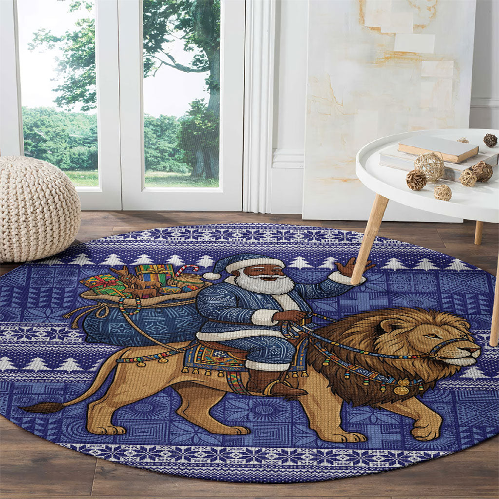 Nigeria Christmas Santa West African Lion Round Carpet Adire Indigo Resist Dye Motifs