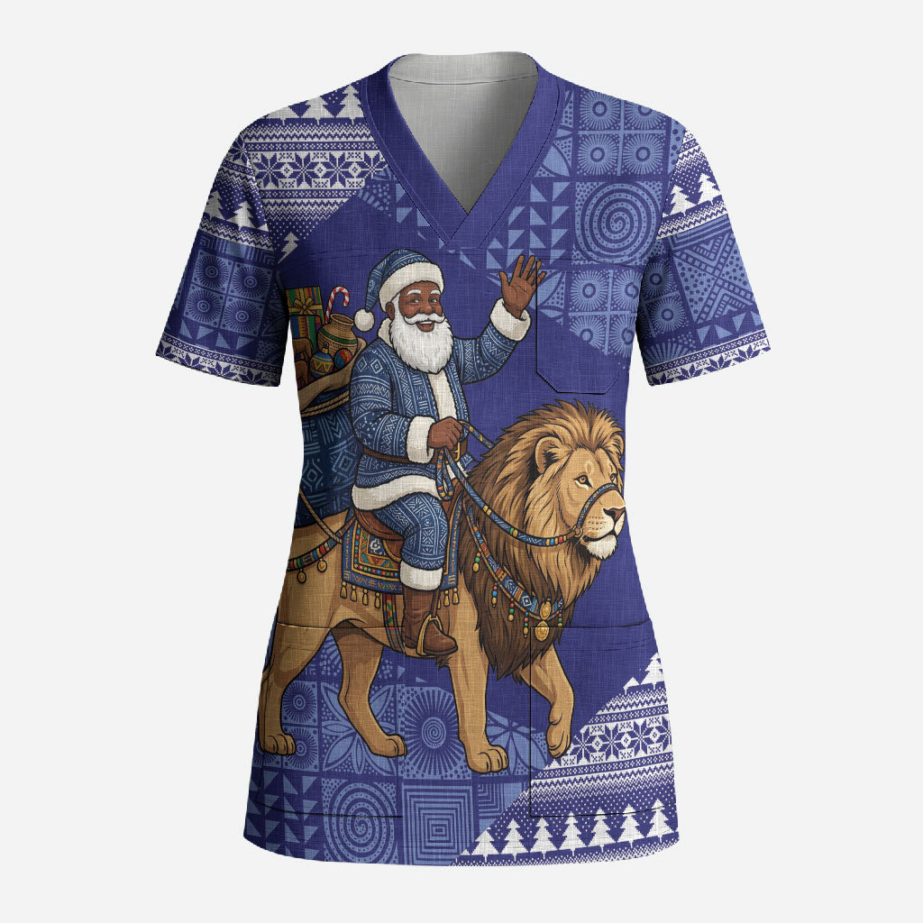Nigeria Christmas Santa West African Lion Scrub Top Adire Indigo Resist Dye Motifs