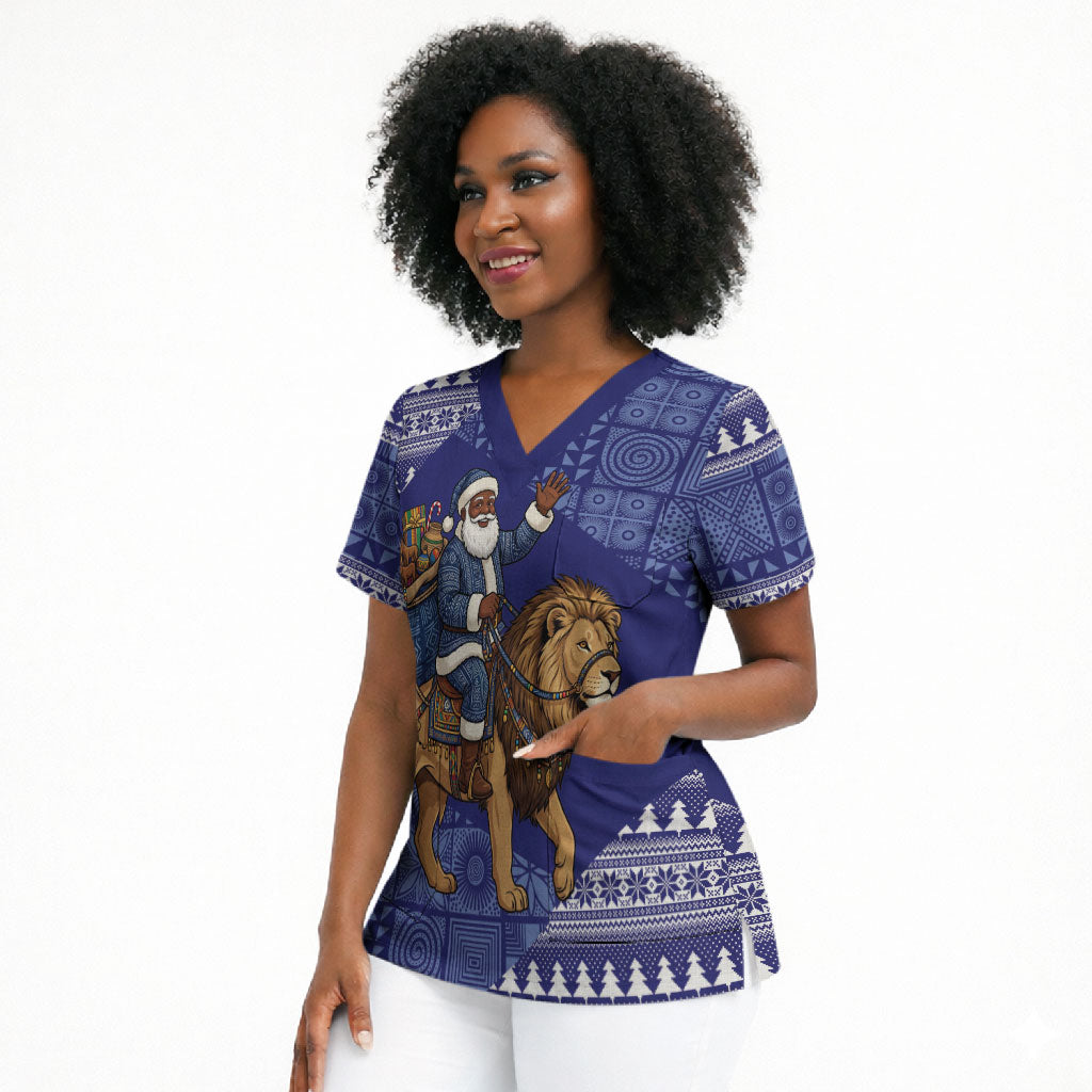 Nigeria Christmas Santa West African Lion Scrub Top Adire Indigo Resist Dye Motifs