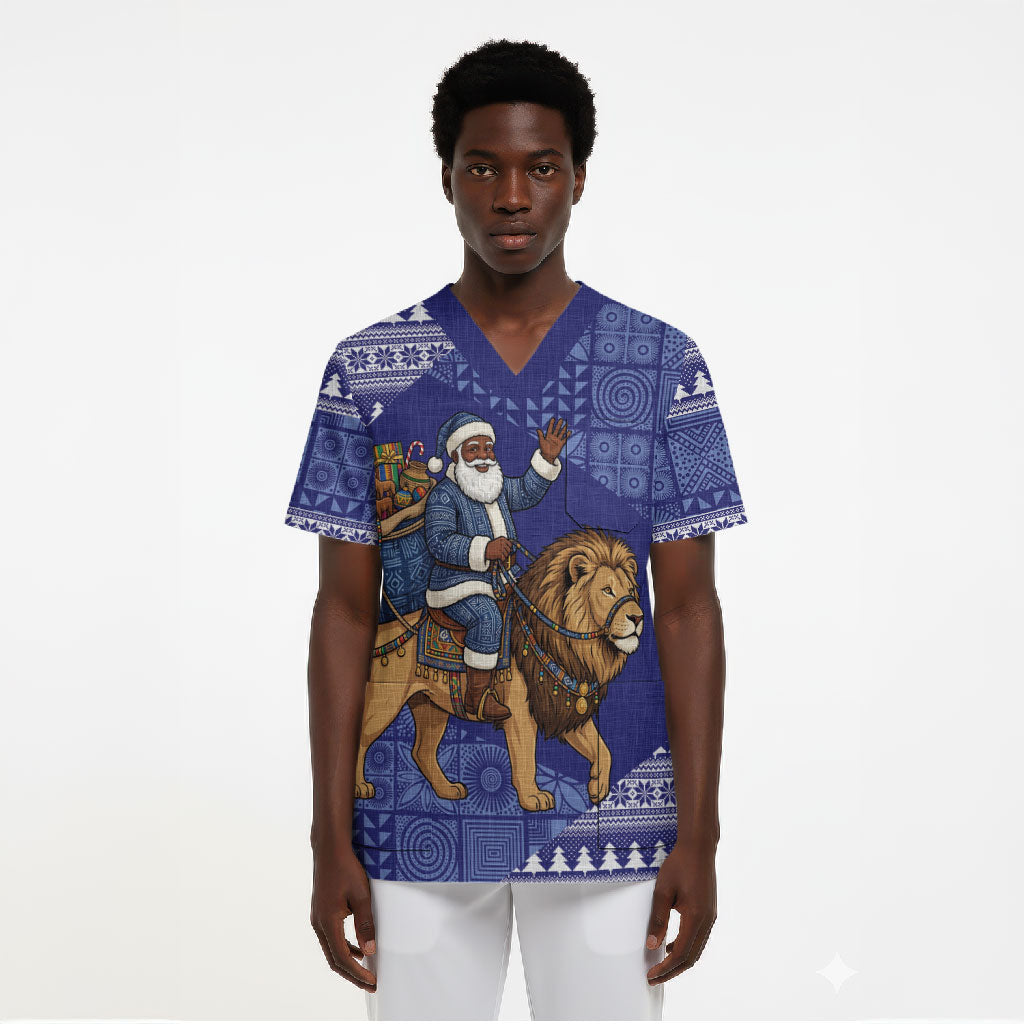 Nigeria Christmas Santa West African Lion Scrub Top Adire Indigo Resist Dye Motifs
