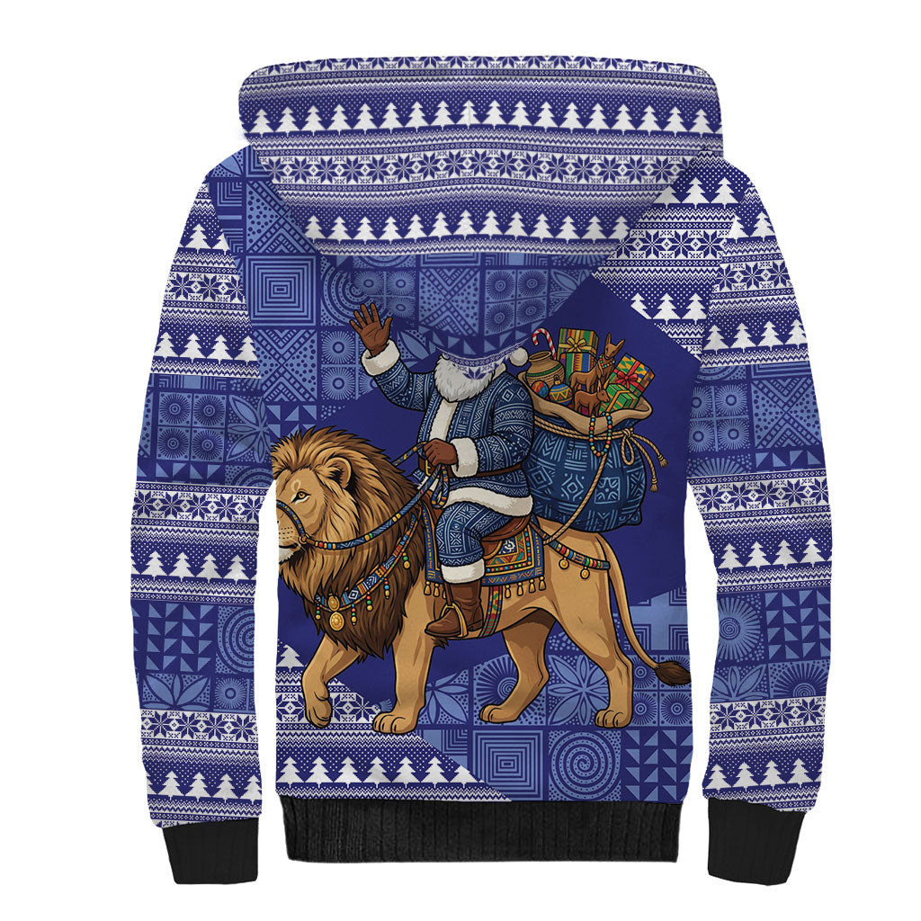Nigeria Christmas Santa West African Lion Sherpa Hoodie Adire Indigo Resist Dye Motifs