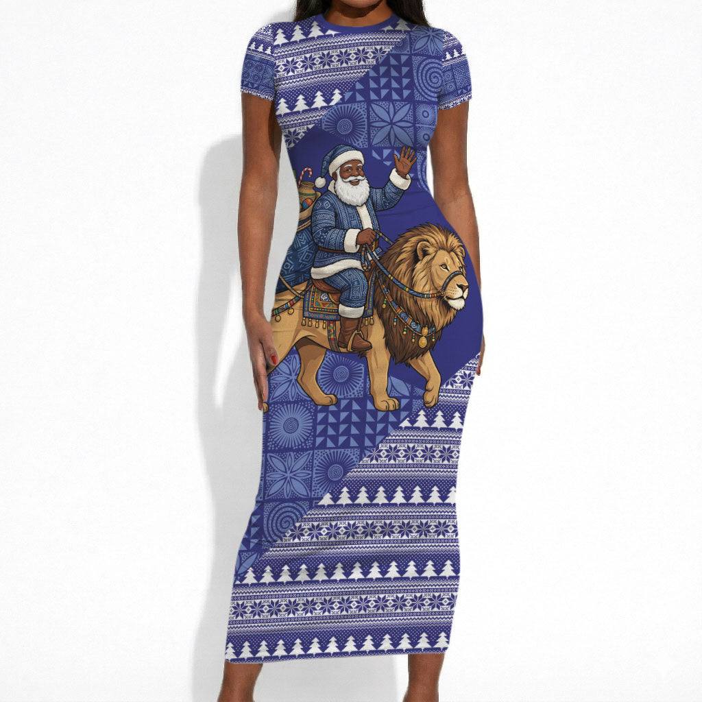 Nigeria Christmas Santa West African Lion Short Sleeve Bodycon Dress Adire Indigo Resist Dye Motifs