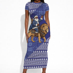 Nigeria Christmas Santa West African Lion Short Sleeve Bodycon Dress Adire Indigo Resist Dye Motifs