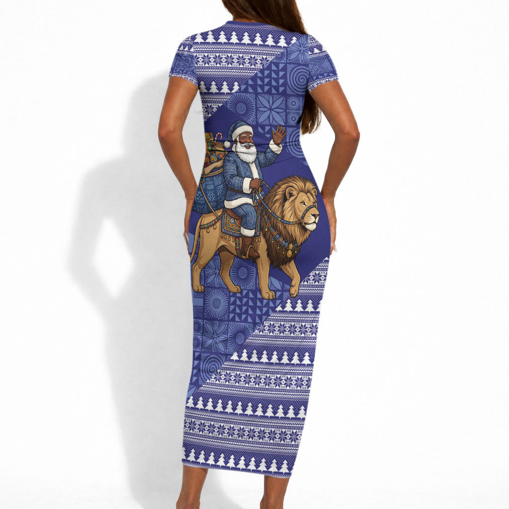 Nigeria Christmas Santa West African Lion Short Sleeve Bodycon Dress Adire Indigo Resist Dye Motifs