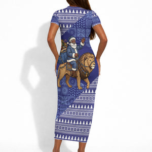 Nigeria Christmas Santa West African Lion Short Sleeve Bodycon Dress Adire Indigo Resist Dye Motifs