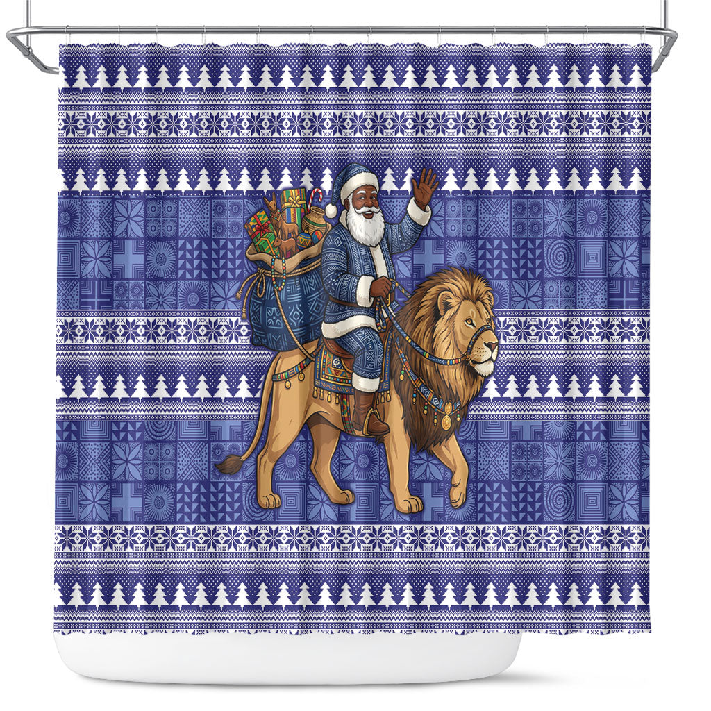 Nigeria Christmas Santa West African Lion Shower Curtain Adire Indigo Resist Dye Motifs