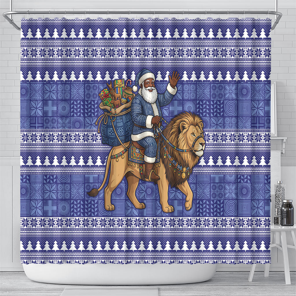 Nigeria Christmas Santa West African Lion Shower Curtain Adire Indigo Resist Dye Motifs