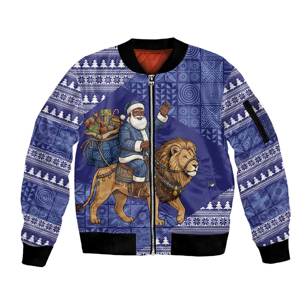 Nigeria Christmas Santa West African Lion Sleeve Zip Bomber Jacket Adire Indigo Resist Dye Motifs