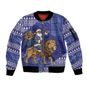 Nigeria Christmas Santa West African Lion Sleeve Zip Bomber Jacket Adire Indigo Resist Dye Motifs