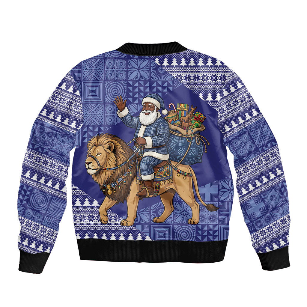 Nigeria Christmas Santa West African Lion Sleeve Zip Bomber Jacket Adire Indigo Resist Dye Motifs