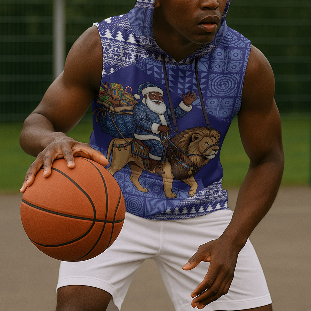 Nigeria Christmas Santa West African Lion Sleeveless Hoodie Adire Indigo Resist Dye Motifs