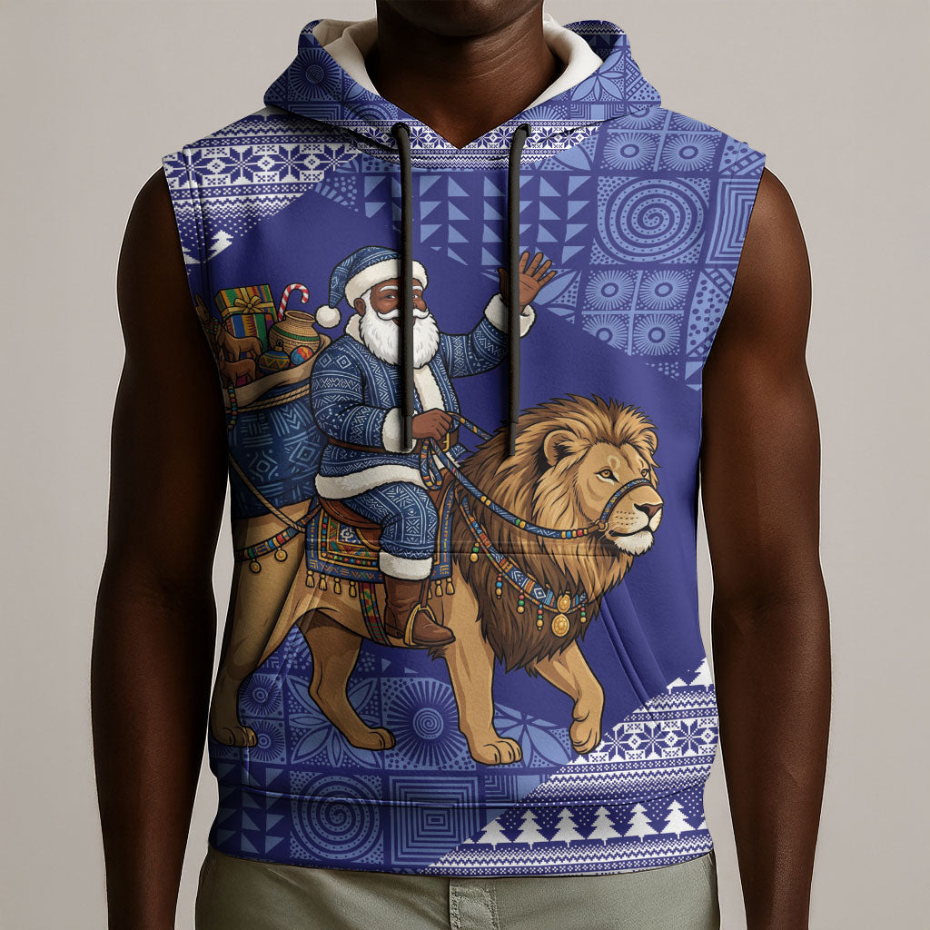 Nigeria Christmas Santa West African Lion Sleeveless Hoodie Adire Indigo Resist Dye Motifs