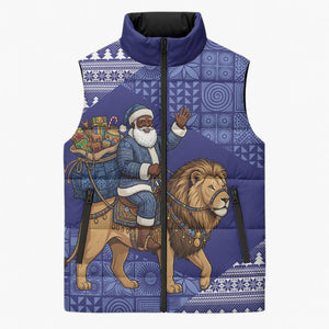 Nigeria Christmas Santa West African Lion Sleeveless Puffer Jacket Adire Indigo Resist Dye Motifs