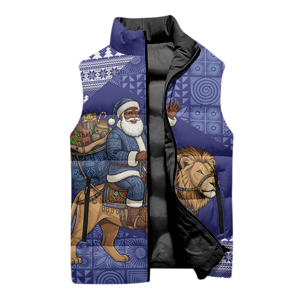 Nigeria Christmas Santa West African Lion Sleeveless Puffer Jacket Adire Indigo Resist Dye Motifs