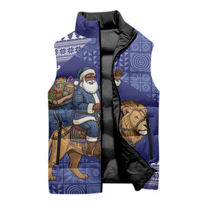 Nigeria Christmas Santa West African Lion Sleeveless Puffer Jacket Adire Indigo Resist Dye Motifs