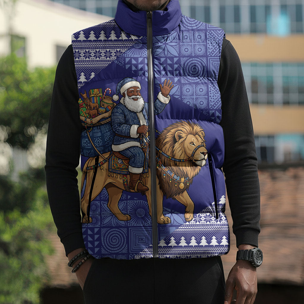 Nigeria Christmas Santa West African Lion Sleeveless Puffer Jacket Adire Indigo Resist Dye Motifs