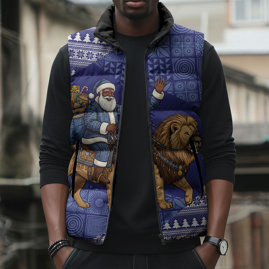 Nigeria Christmas Santa West African Lion Sleeveless Puffer Jacket Adire Indigo Resist Dye Motifs