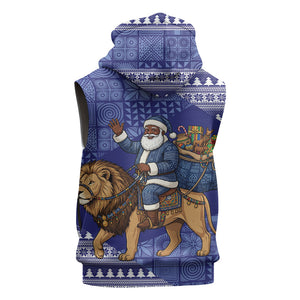 Nigeria Christmas Santa West African Lion Sleeveless Zip Hoodie Adire Indigo Resist Dye Motifs