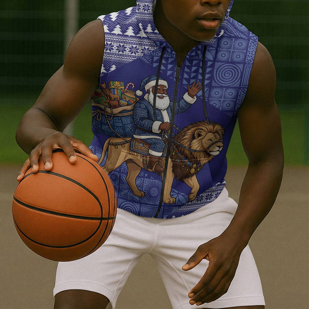 Nigeria Christmas Santa West African Lion Sleeveless Zip Hoodie Adire Indigo Resist Dye Motifs