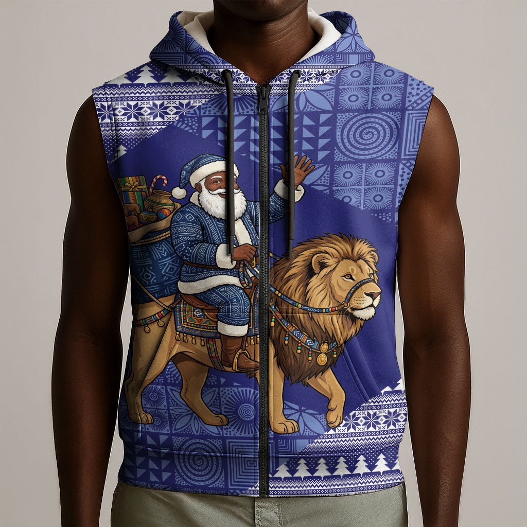 Nigeria Christmas Santa West African Lion Sleeveless Zip Hoodie Adire Indigo Resist Dye Motifs