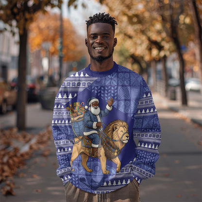Nigeria Christmas Santa West African Lion Sweatshirt Adire Indigo Resist Dye Motifs