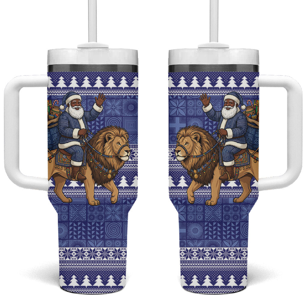 Nigeria Christmas Santa West African Lion Tumbler With Handle Adire Indigo Resist Dye Motifs