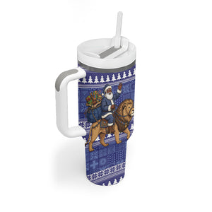 Nigeria Christmas Santa West African Lion Tumbler With Handle Adire Indigo Resist Dye Motifs